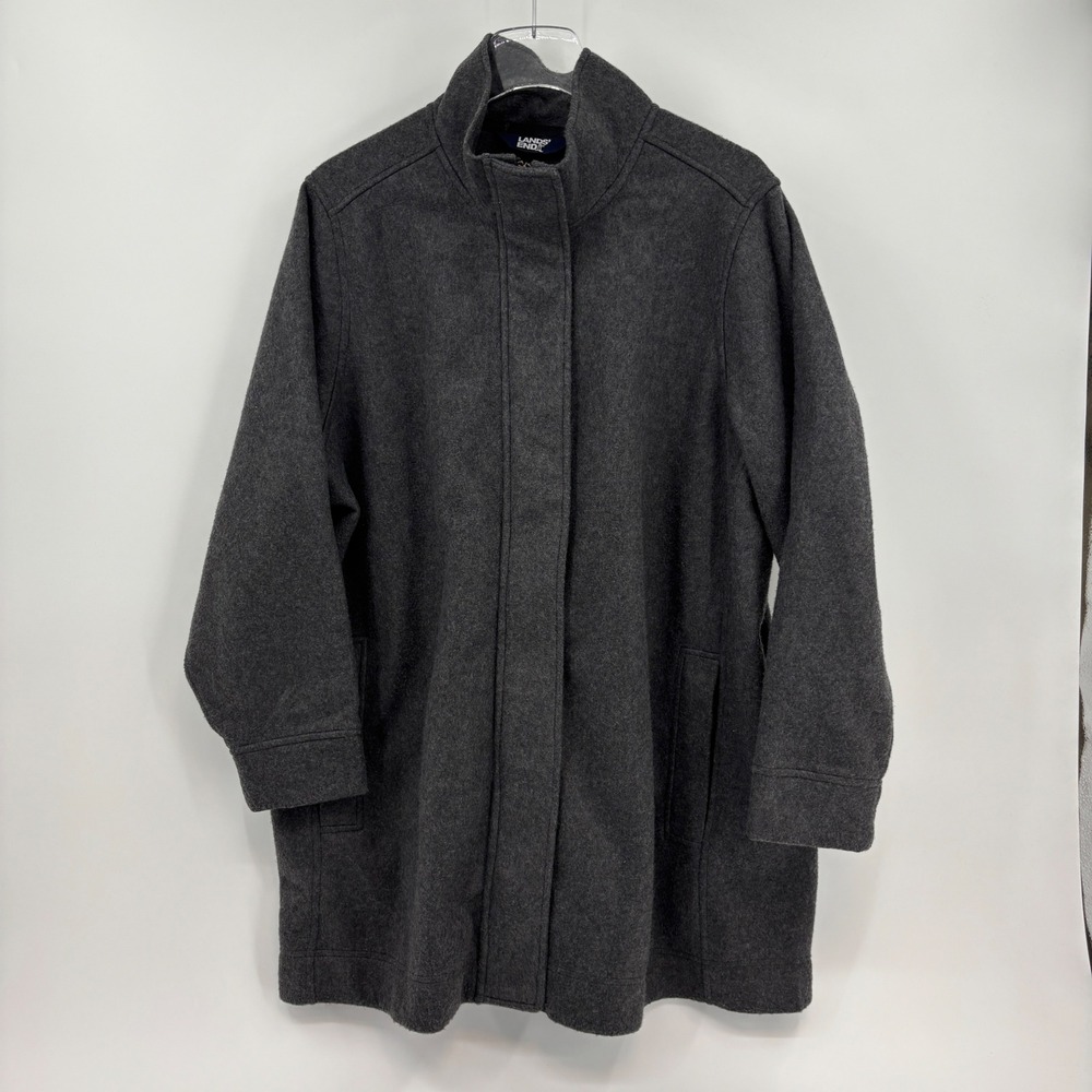 Lands End Fleece Coat Womens 2X Charcoal Gray Mock Neck Snap Zip Long Jacket